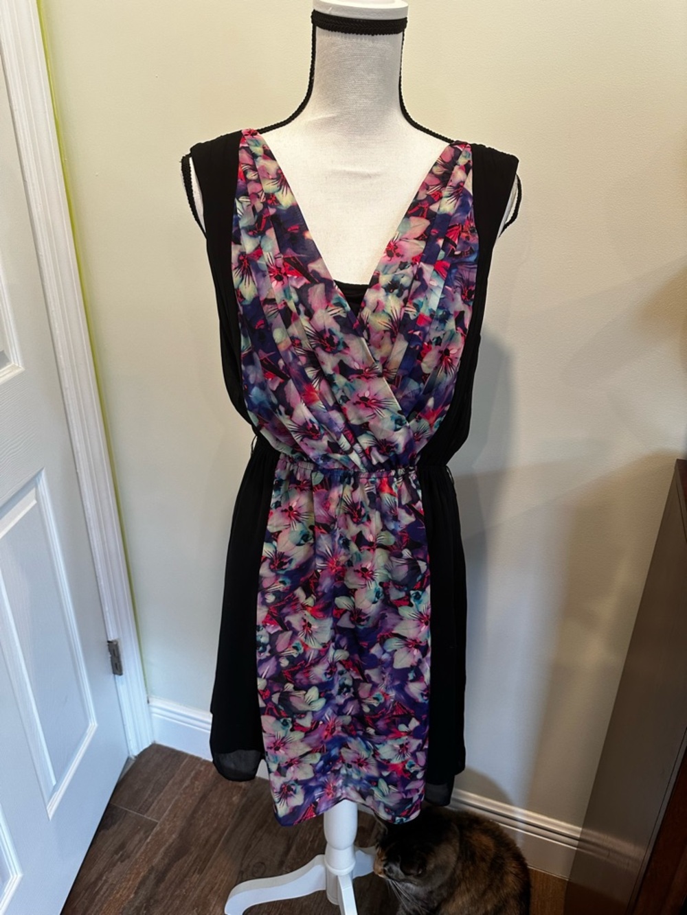 Express Black and Multicolor Floral Wrap-Front Midi Dress